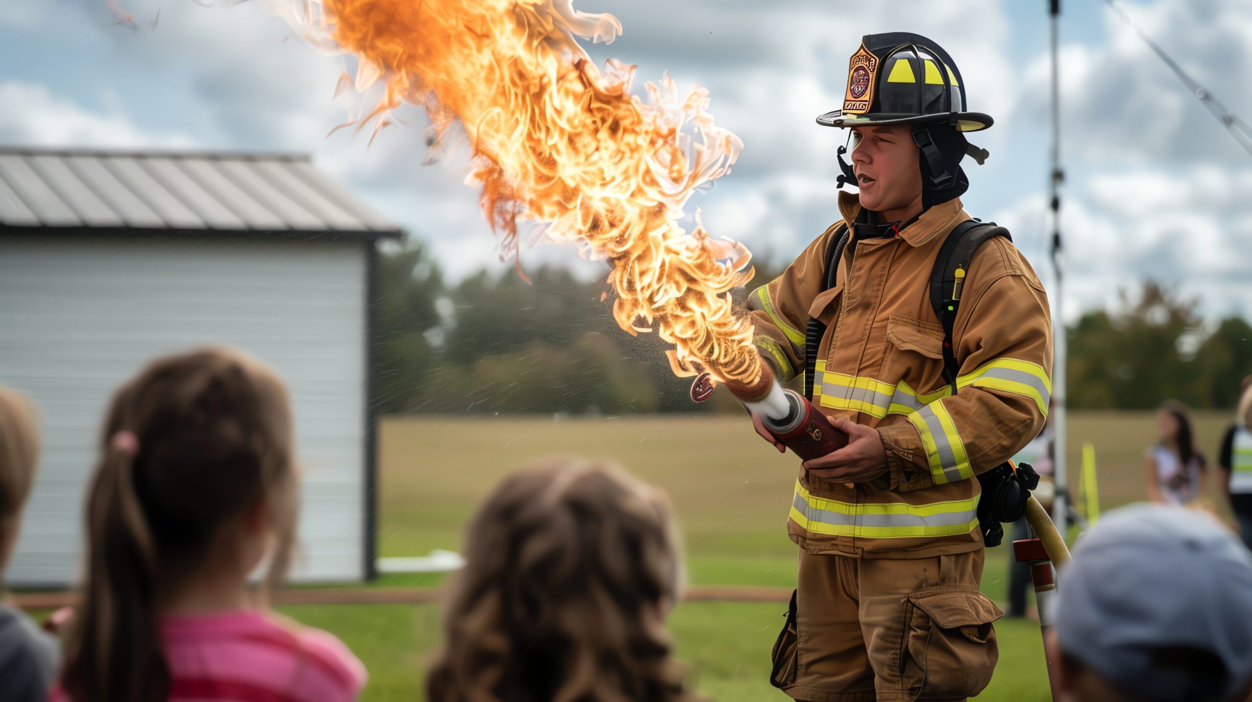 Firefighter demonstrating fire safety to children. Firefighter demonstrating fire safety to children.